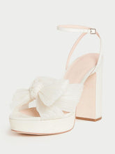 White Rhinestone Pleated Bow Heels For Wide Feet Block Heel Platform Sandals